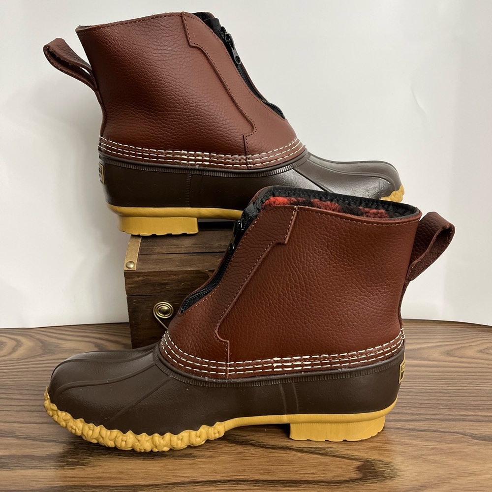 LL Bean Brown Leather 7" Front Zip Fleece Lined Insulated Duck Boots Women sz 9 - Picture 4 of 12